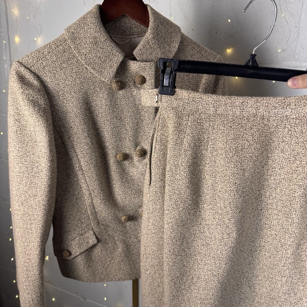 vintage majestic co wool tweed skirt suit women's 2 piece silk lined beige